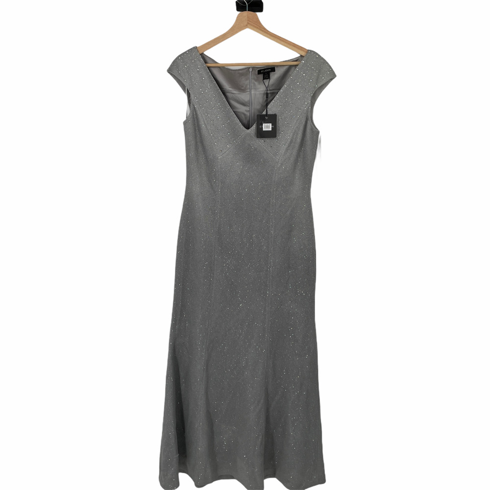 St. John Silver Sequin Birdseye Knit V-Neck Gown. New with no Tag.